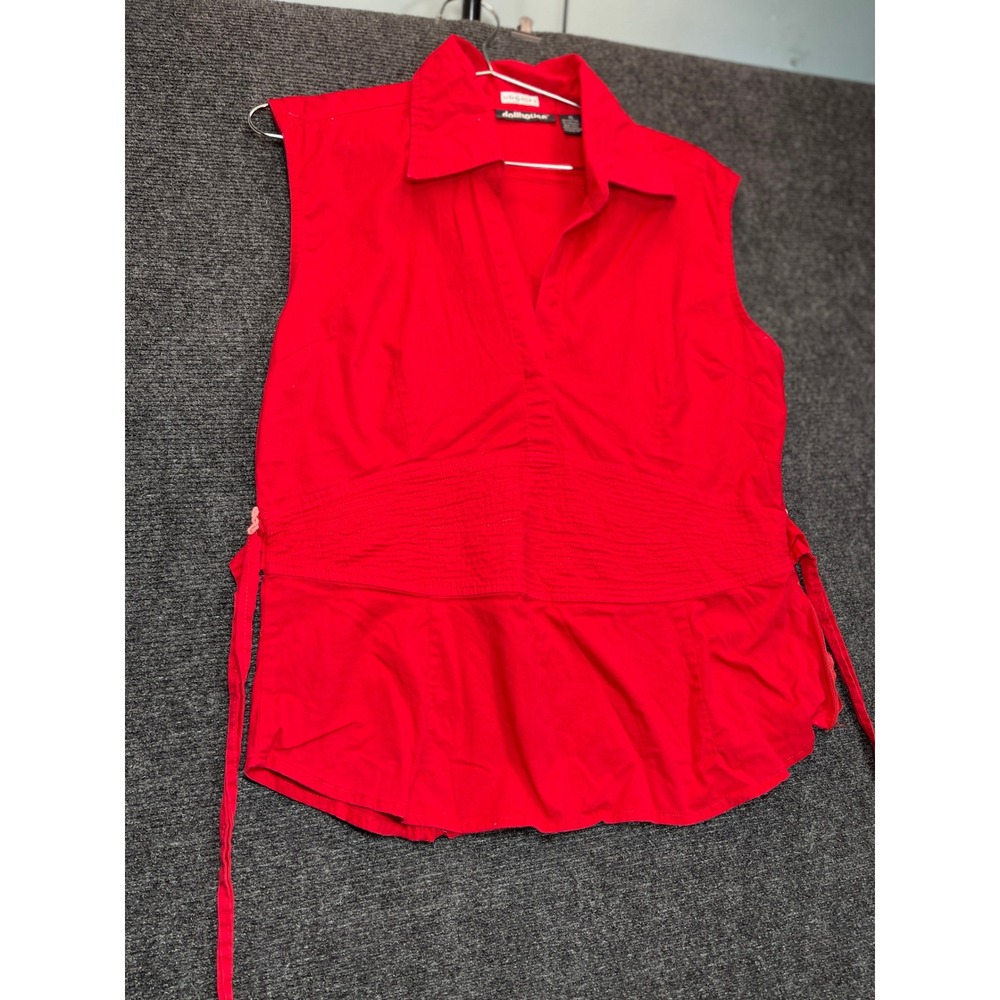 Dollhouse Sleeveless Top Womens XL Red Smocked Waist Y2K Retro Poplin Shirt